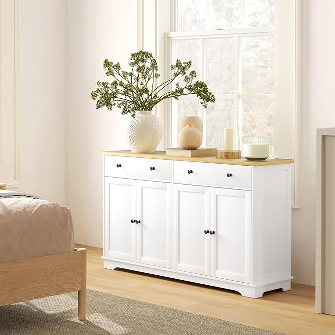 HOMCOM Sideboard Buffet Cabinet with Storage, 55" Modern Kitchen Cabinet with 4 Doors, 2 Drawers and 2 Adjustable Shelves, Coffee Bar Cabinet, White