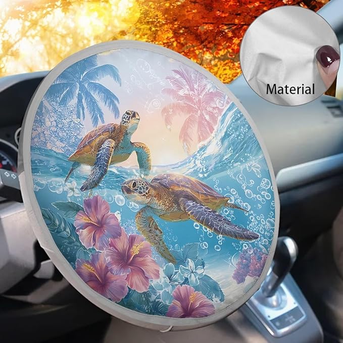 Tropical Steering Wheel Sunshade for Car Sea Turtle Car Rudder Sun Cover Foldable Steering Cover 17 Inch Fit Most Car SUV Van Summer Essential Gift for Friends