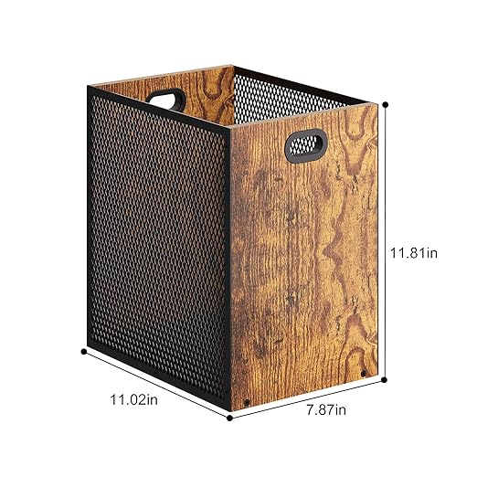 Huxitocan Retro Office Trash Can, Iron and Wood Combination Bedroom Garbage Can, Rectangular Design Wastebasket with Handle, Industrial Style Trash Can for Home Office, 4.5 Gallon (Patent Pending)