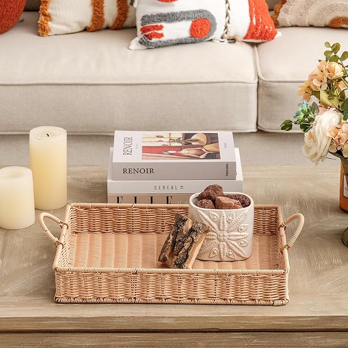GRANNY SAYS Rectangle Serving Tray, Coffee Table Tray, Wicker Serving Trays with Handles, Decorative Tray for Coffee Table, Woven Tray for Living Room, 15 ¾"×11 ½"×2 ¼"