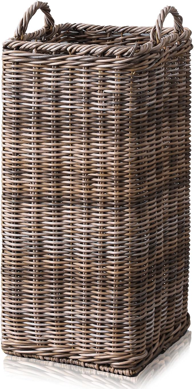 GlikCeil Rattan Umbrella Holder for Entryway 20.5h x 9l x 9w Inch Square Umbrella Stand with Plastic Water Catch, Umbrellas Basket Bucket Fit Walking Cane Tall Umbrellas Storage for Home Office