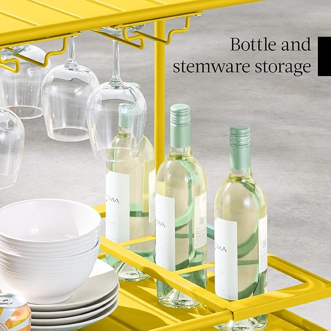 Best Choice Products Outdoor Mobile Patio Bar Cart, Home Bar Serving Cart, BBQ Side Table w/ 2 Tier Storage, Wine Rack, Lockable Wheels - Yellow