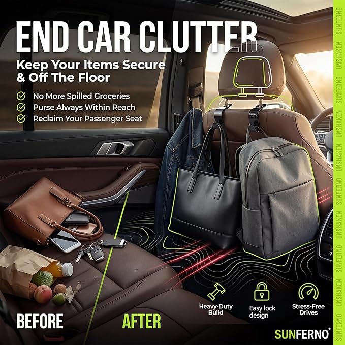 Car Hooks – Durable Headrest Hooks for Car | Car Purse Hook Holds Bags, Groceries & Essentials | Purse Hooks for Car That Don't Slip | Must-Have Car Hanging Accessories – 4-Pack, Easy Install