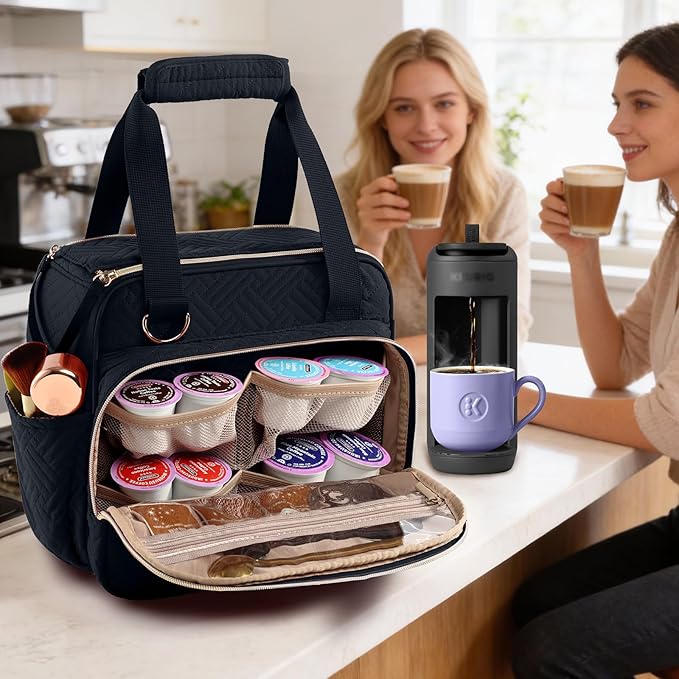 BAGSPRITE Coffee Maker Travel Bag Compatible with Keurig K-Mini Mate, Full Open Carrying Case with Quilted Padded Soft Microfiber, K--Cup Single Serve Coffee Maker Bag with Pod Organizer, Mug Pockets