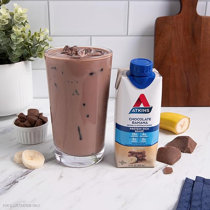 Atkins Chocolate Banana Protein Shake, 15g Protein, 5g Net Carbs, 1g Sugar, Low Carb, High Protein Shake, Banana Breakfast Protein Shake, 4 Pack (11 fl. oz Each)