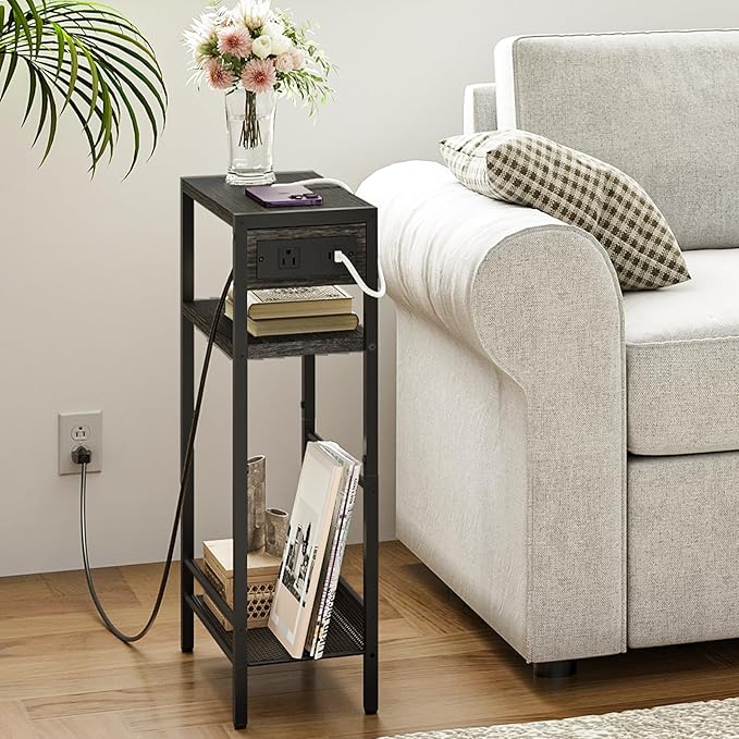 HOOBRO Small Narrow Side Table with Charging Station, Skinny End Table for Small Spaces, Slim Nightstand with USB Ports Outlet, Sofa Beside Table with Storage Shelf, Charcoal Black BC102UBZ01