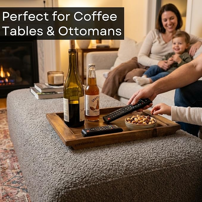 Wood Serving Tray with Handles - Large Acacia Wooden Tray for Coffee Table Ottoman Kitchen Counter - Decorative Food Tray Serving Platter - Rectangle Dinner Tray 15.7"x11"