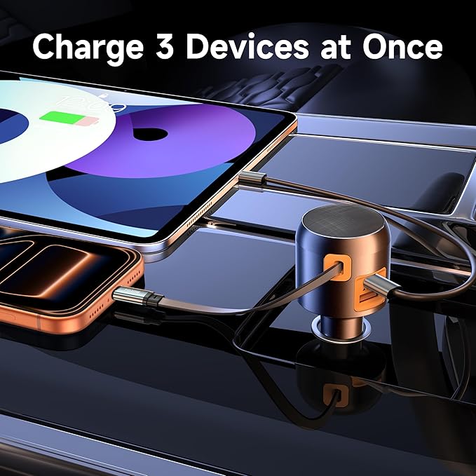 Retractable Car Charger USB C Fast Charge for iPhone 17 16 Car Charger, 60W Type C Built-in Retractable C Cable for iPhone Air/16/15 Series, iPad, Pixel and More