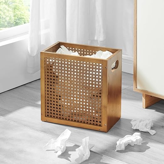 TIOPGHAD Small-Wicker-Waste-Basket-Trash-Can 3 Gallon/11.6 L Bamboo Mini Rattan Wastebasket Garbage Can Trashcan Wood Trash bin for Bathroom Office Living Room(Brown)