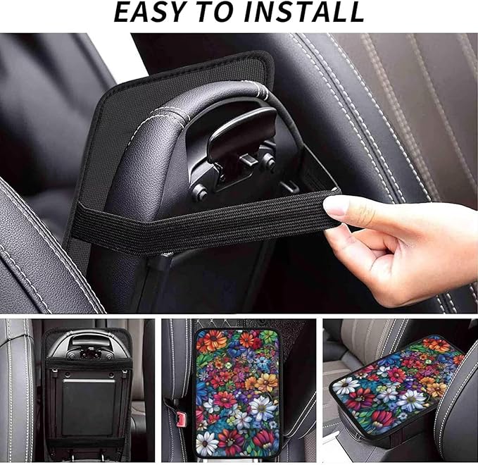 Car Center Console Pad Boho Flower Non-Slip Armrest Cover Floral Mandala Car Center Console Cushion Colorful Blossoms Flower Print Arm Rest Covers
