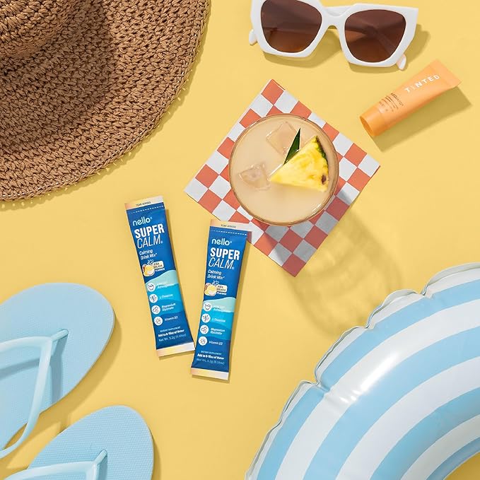 Nello Supercalm Powdered Drink Mix, Cortisol Reducer* and Sleep Aid Supplement, L Theanine, Ksm-66 Ashwagandha, Magnesium Glycinate, Vitamin D 3, No Sugar, Non GMO, On The Go, 20 Ct, Pina Colada