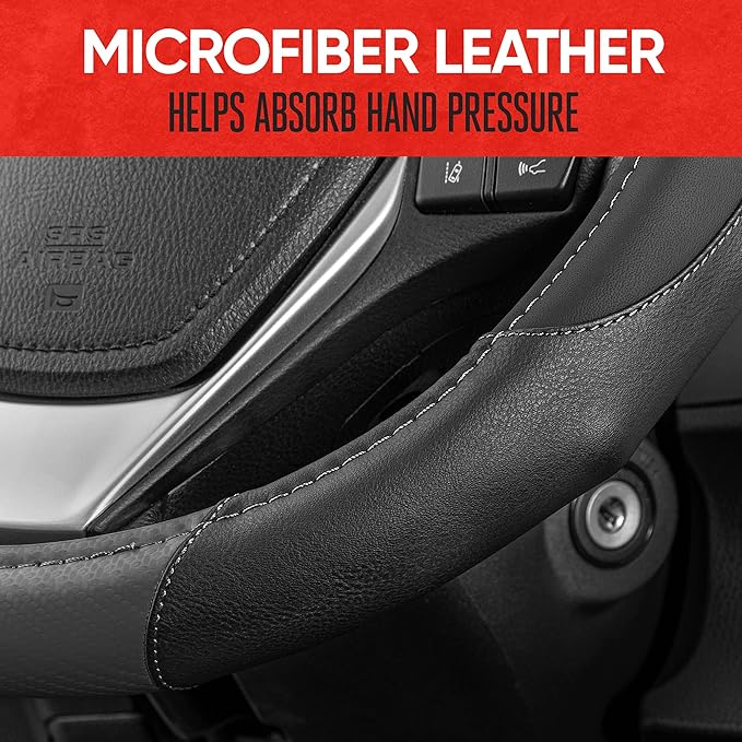Motor Trend GripDrive Gray Carbon Fiber Steering Wheel Cover, Standard 15 inch Size, Black Faux Leather Comfort Grip, Car Steering Wheel Cover for Auto Truck Van SUV