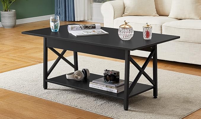 GreenForest Coffee Table with Storage, 43 inch Large Modern Coffee Tables for Living Room, X-Frame Design Farmhouse Coffee Table Space Saving Living Room Tables, Easy Assembly, Black