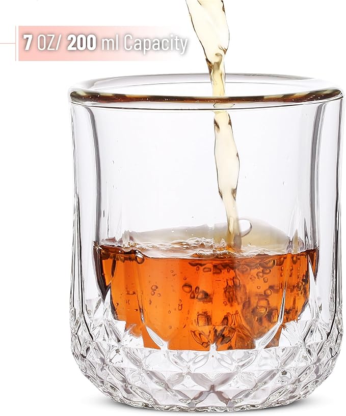 BTaT- Double Walled Drinking Glass, 4 Pack, 7 oz, Stylish Insulated Rocks Glass for Hot and Cold Beverages, Whiskey, Bourbon, Vodka and Scotch