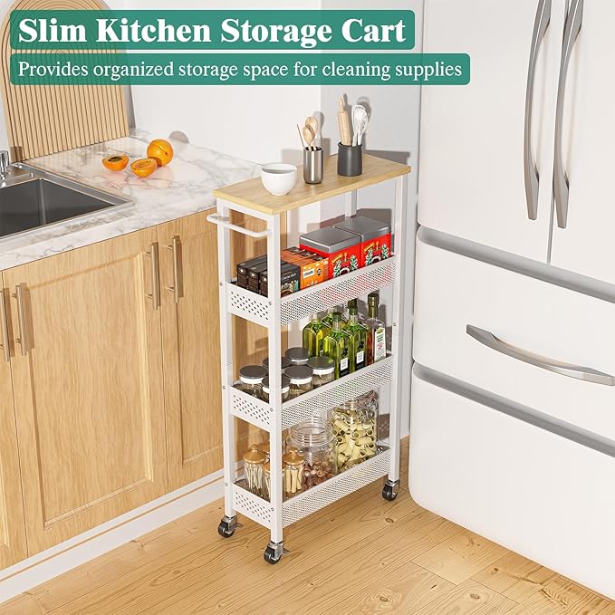 Giwil Slim Rolling Storage Cart 4 Tier Bathroom Organizer Mobile Shelving Unit Utility Cart with Wood Top and Handle for Kitchen Laundry Narrow Places, White