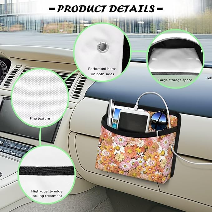 Hippie Flower Car Side Pocket Organizer Holder for Cell Phone Sunglasses Cards Front Back Seat Storage Pocket for Car Small Auto Console Door Window Storage Bag for Interior Organizer