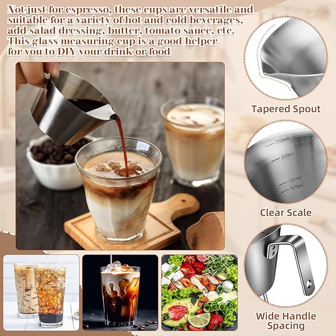 4 Pcs Espresso Accessories Kit with Espresso Cups with Handle, Milk Frothing Pitcher and Latte Art Pen Stainless Steel Cappuccino Machine Accessories for Coffee Bar (Silver,250ml, 600ml)