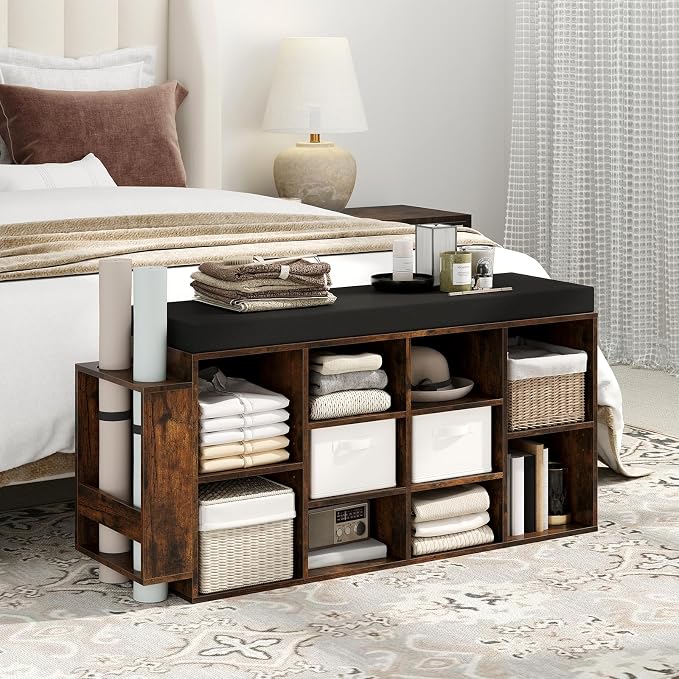 Giantex Shoe Storage Bench with Umbrella Stand, 10-Cubby Entryway Shoe Rack Organizer with Padded Seat, Adjustable & Removable Shelves for Hallway, Living Room & Bedroom (Rustic Brown)
