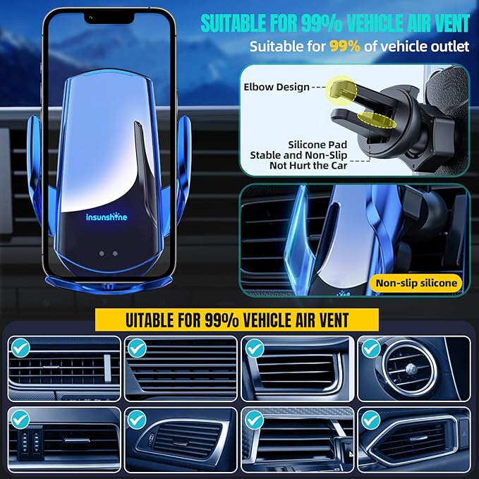 Wireless Car Charger, MAX 15W Fast Charging Auto Clamping, Sensing Phone Holder Mount, fit for iPhone 16 15 14 13 12 Pro Max Xs X, Samsung Galaxy S24 Ultra S23 S22 S21 S20 Note 20 (3-Blue)