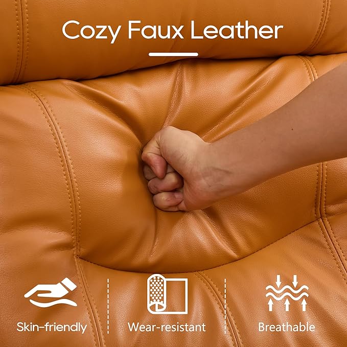DRMBOOK RV Loveseat Recliner Sofa with Console, Faux Leather Double Wall Hugger Reclining Couch Manual Movie Seating 2 Person Recliner Chair with Cup Holders/Storage/Pocket/Lumbar Pillow, Orange