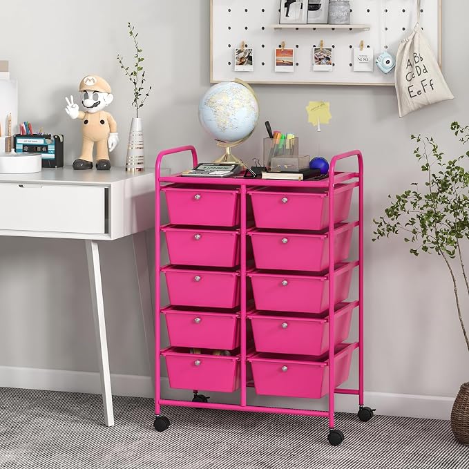 Giantex 10 Drawers Rolling Cart, Classroom Organizers, Storage Cart with Wheels, for Teacher Office Home School Supplies Tool Craft Art Paper, Hot Pink