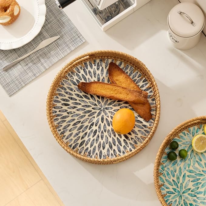 YANGQIHOME Round Rattan Tray with Handle, Mother of Pearl Inlay Decorative Wicker Basket for Coffee, Bread, Fruits, Serving Tray for Home Decor, Blue Leaf
