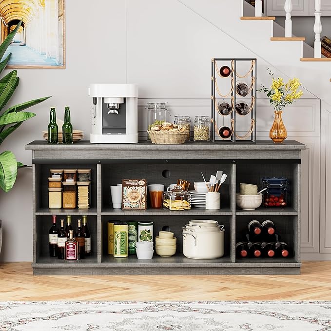 Shahoo Farmhouse Sideboard Buffet Cabinet, Coffee Bar Storage with Sliding Barn Doors, Shelf for Home Dining Room, Grey