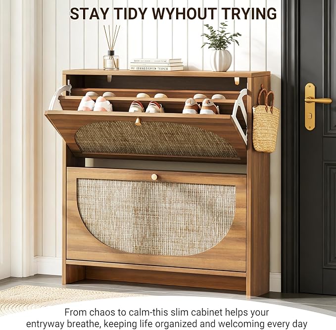 Nicetree Shoe Storage Cabinet for Entryway, 9.5" Ultra Slim Rattan Vintage Flip Shoe Rack- 2 Flip Drawers & 3-Tier Adjustable Shelves,Boho Shoe Organizer for 16-24 Pairs - Fits Size 12 Boots (Oak)