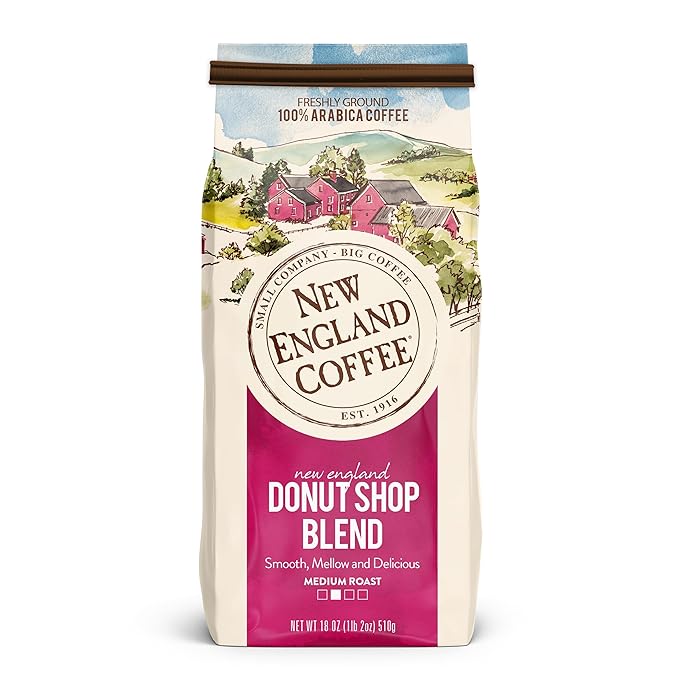 New England Coffee Donut Shop Blend Medium Roast Ground Coffee, 18oz Bag (Pack of 1)