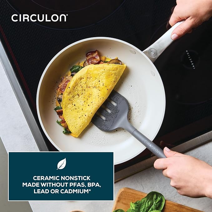 Circulon Halo with LaserDefense Ceramic Nonstick Cookware Set, 11-Piece Pots and Pans Set, Pearl White