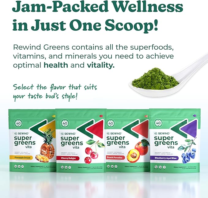 Rewind Best Tasting Super Greens Powder with 40+ Superfoods – Delicious Daily Green Powder with Vitamin B12, Zinc, Vitamin C, Magnesium & Calcium – Green Juice Superfood Mix - Cherry Flavor