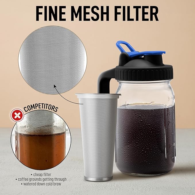 Zulay Premium Cold Brew Coffee Maker - 32oz Mason Jar With Leak-Proof Lid & Extra-Thick Glass - Fine-Mesh Stainless Steel Filter For Smooth Cold Brew & Iced Tea - Blue