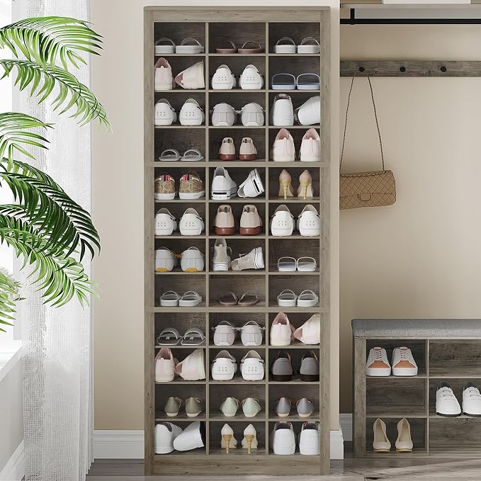 Hzuaneri Shoe Storage Cabinet, 36 Pairs Free Standing Closet Organizer, 8.8 inch Widened Cell Wood Shoe Organizer, 12 Tiers Vertical Space Saving Shoe Rack for Entryway, Cloakroom, Greige SR20705B