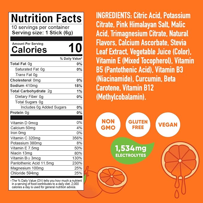 Pirq Hydration - Orange - Hydration Powder Packets | Electrolyte Drink Mix | Curcumin | B Vitamins | Zero Sugar | Keto Friendly | 10 Sticks