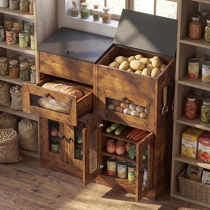 Potato and Onion Storage Bin with Lid, Large Potato Bin with Drawer, Multi-Compartment Wooden Fruit & Vegetable Cabinet with Mesh Doors, Rustic Kitchen Organizer for Pantry (16.9")