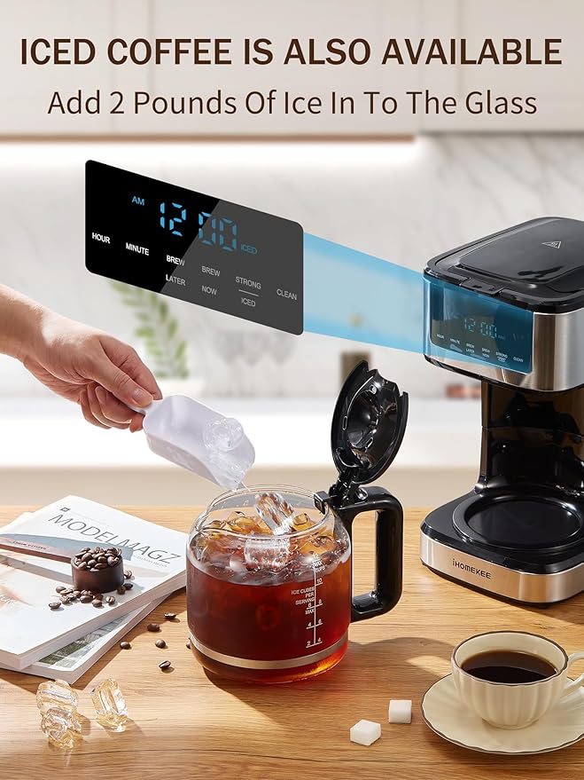 Coffee Maker, Programmable Drip Coffee Maker 12 Cup, Regular & Strong Brew Drip Coffee Machine with Iced Coffee Function for Home and Office, Black & Stainless Steel