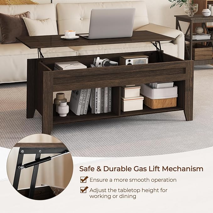 Yaheetech Lift Top Coffee Table with Hidden Storage Compartment & Seperated Lower Shelf, Lift Up Coffee Table, Rising Tabletop Dining Table for Living Room, 39.5 in L, Espresso