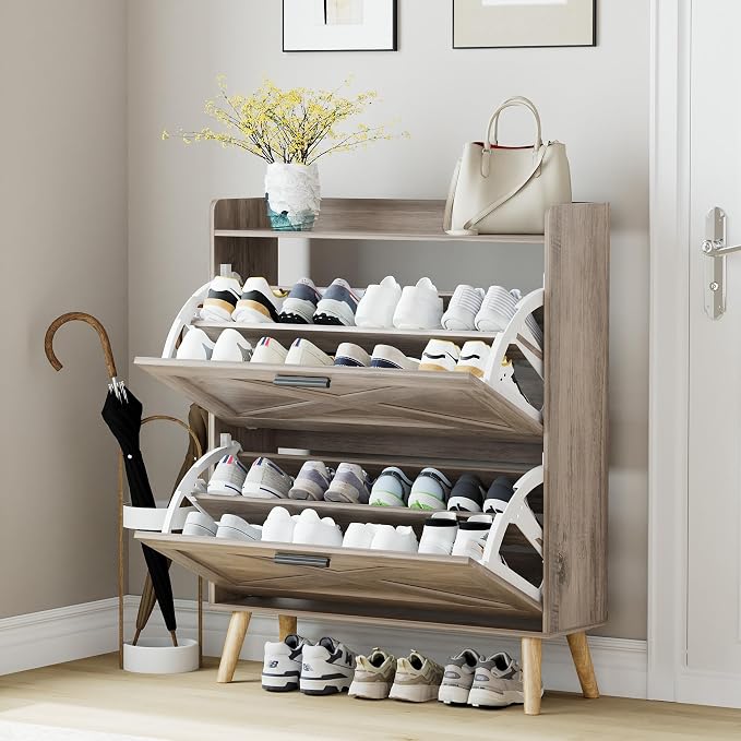 Homleke 32" W Farmhouse Shoe Storage Cabinet with 2 Flip Drawers and Barn Door Design, Adjustable Shelves, Modern Hidden Slim Narrow Shoe Rack Cabinet for Entryway, Foyer, Hallway, Living Room, Greige
