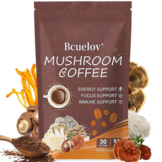 Mushroom Coffee,Instant Coffee with 6 Adaptogenic Mushrooms (Cordyceps, Lion’s Mane, Shiitake, Turkey Tail) for Better Energy, Focus, Positive Mood & Immune Support - 30 Servings