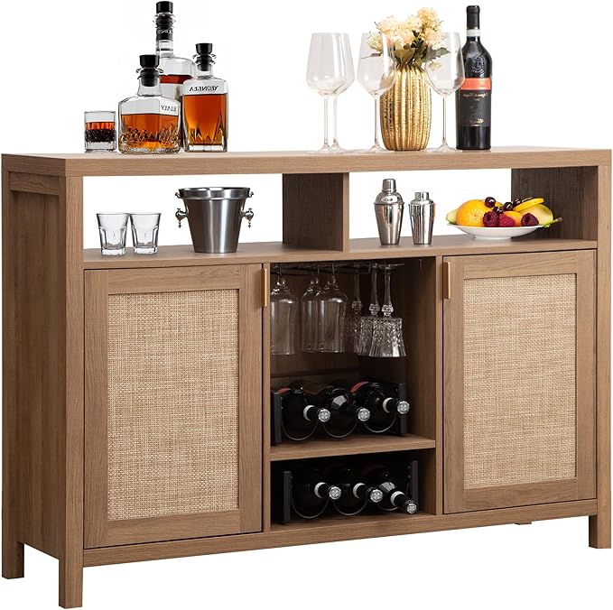 SICOTAS 51" Coffee Bar Cabinet Bar Cart with Storage, Wine Bar Cabinets Boho Home Bar Table, Rattan Sideboard Buffet with 2 Doors, Coffee Station with Wine Racks for Living Dining Room Entryway