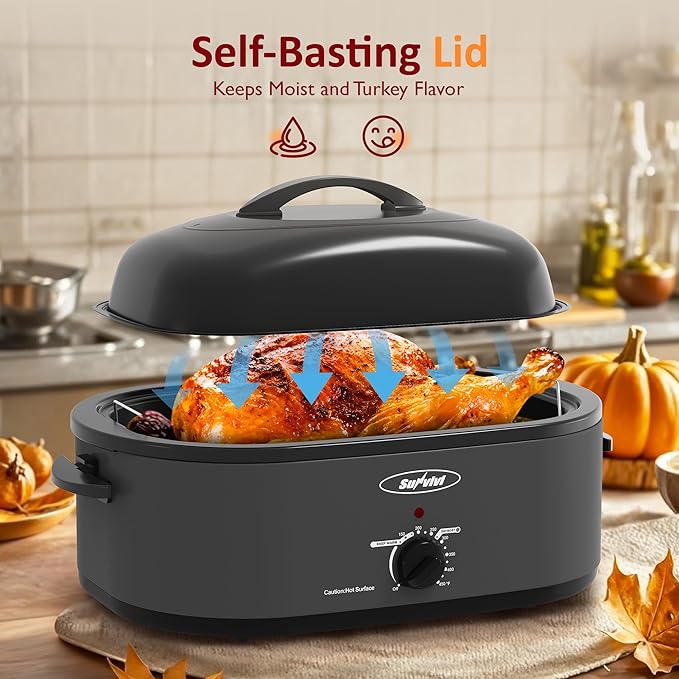 Sunvivi Electric Roaster,20 Quart Roasting Oven with Self-Basting Lid Removable Pan,Turkey Roaster Oven with 150 to 450F Temperature Control Cool-Touch Handles,Grey