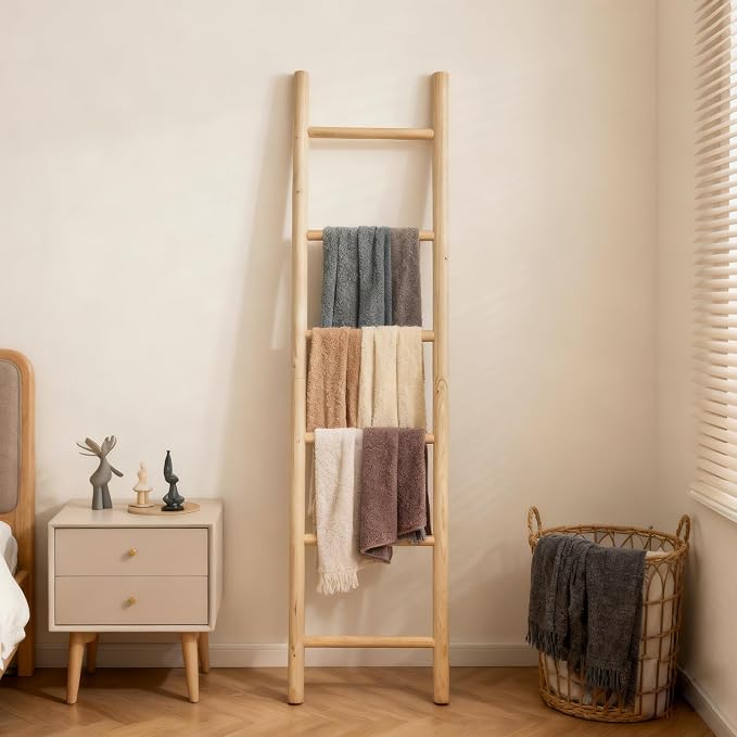 Wooden Blanket Ladder - 76in Natural & Motley Wood - Leaning Wall Decor for Bedroom, Bathroom, Living Room - Rustic Quilt Holder & Towel Rack (Light Wood Color, 76in | Pre Assembled)