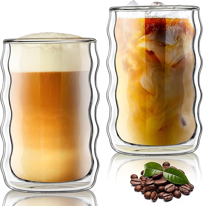 Joeyan 14.5oz Double Wall Glass Tumbler, Clear Insulated Thermal Glass Cups for Hot Cold Drinks, Tall Highball Drinking Glasses for Beer, Lemonade, Iced Coffee, Cocktail, Tea, Smoothie, Set of 2