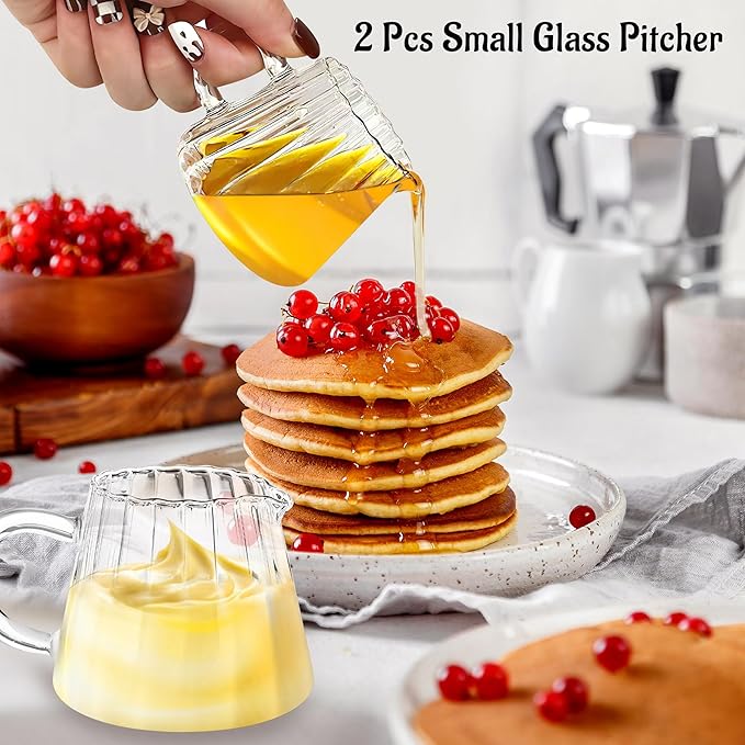 Loscarol 2 Pcs Small Glass Pitcher - Elegant Wave Shaped Creamer Pitcher for Coffee, Milk, Tea, 6 oz Milk Frothing Cup Creamer Jug for Kitchen