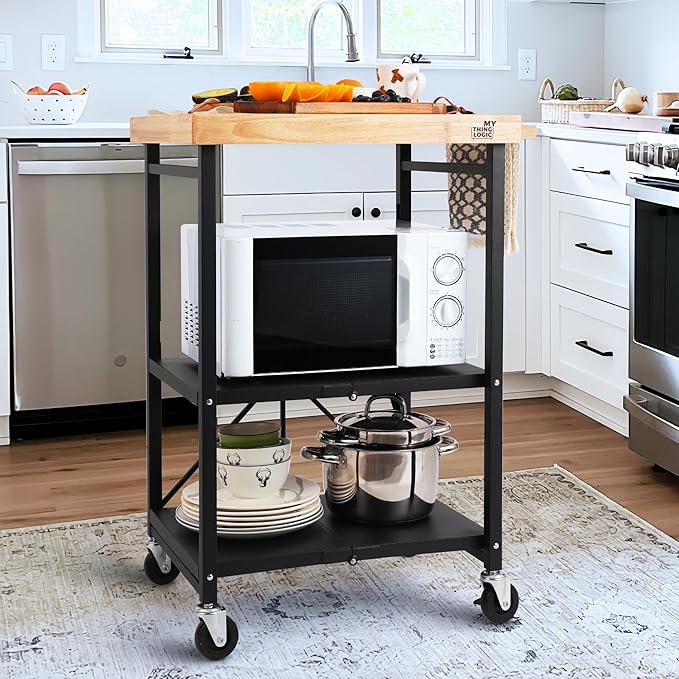 Mythinglogic Foldable Kitchen Storage Cart, 3-Tier Rolling Cart with Solid Oak Top, Heavy-Duty Metal Utility Rack for Microwave, Pots, Dish Set, Meal Prep Area, Kitchen Island on Lockable Wheels