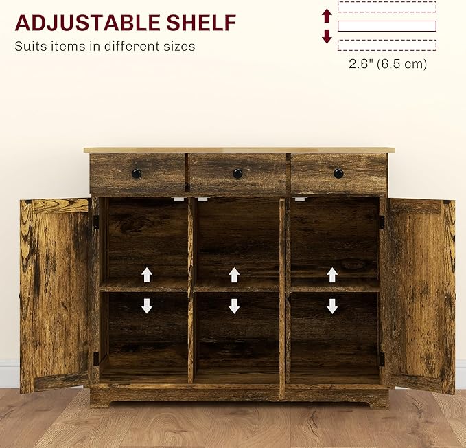 HOMCOM Sideboard Buffet Cabinet with Solid Wood Countertop, Modern Kitchen Storage Cabinet, Coffee Bar Cabinet with 3 Drawers, Doors and Adjustable Shelf, Rustic Brown