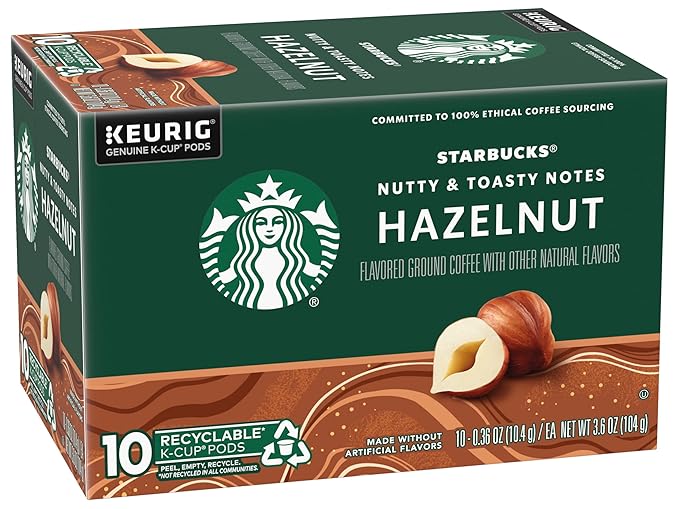 Starbucks Flavored Coffee K-Cup Pods, Hazelnut Flavored Coffee, Made without Artificial Flavors, Keurig Genuine K-Cup Pods, 10 CT K-Cups/Box (Pack of 2 Boxes)
