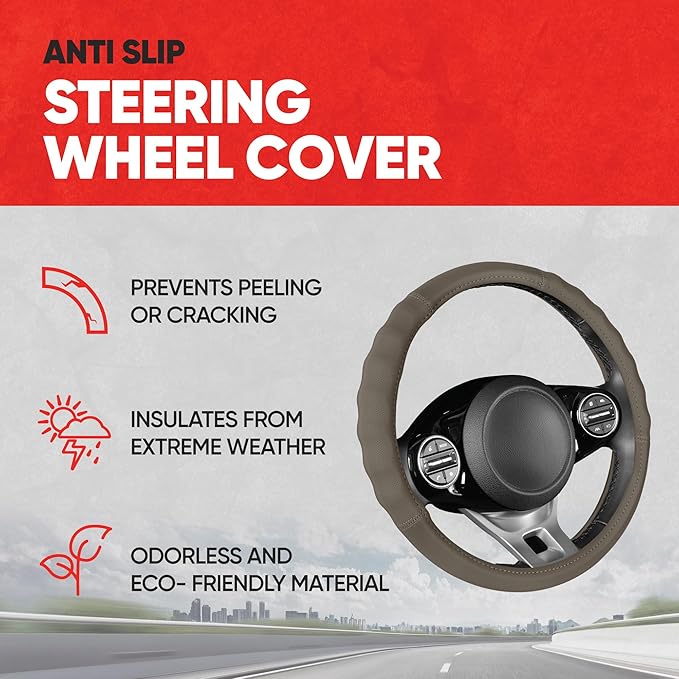 Motor Trend Soft Touch Leather Beige Steering Wheel Cover with Grooves, Advanced Traction Universal Fit for Standard Sizes 14.5 15 15.5 inches