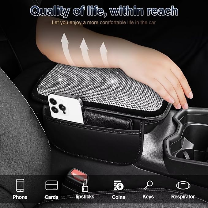 YORKNEIC Bling Center Console Cover Fit for Ford Fusion: Armrest Cover with 2 Storage Pockets, Crystal Rhinestone Car Arm Rest Cover Pad Design for Protection(Silver Diamond)