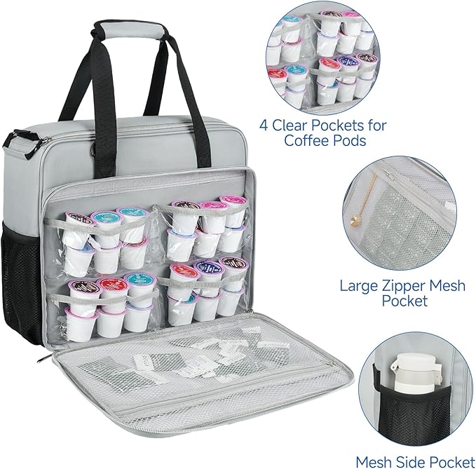 Coffee Maker Travel Bag Compatible with Keurig K-Slim/K-Express/K-Iced/Ninja PB051/PB041ST,Single Serve Coffee Brewer Carrying Case with Multiple Pockets for K-Cup Pods,Grey(Bag Only)